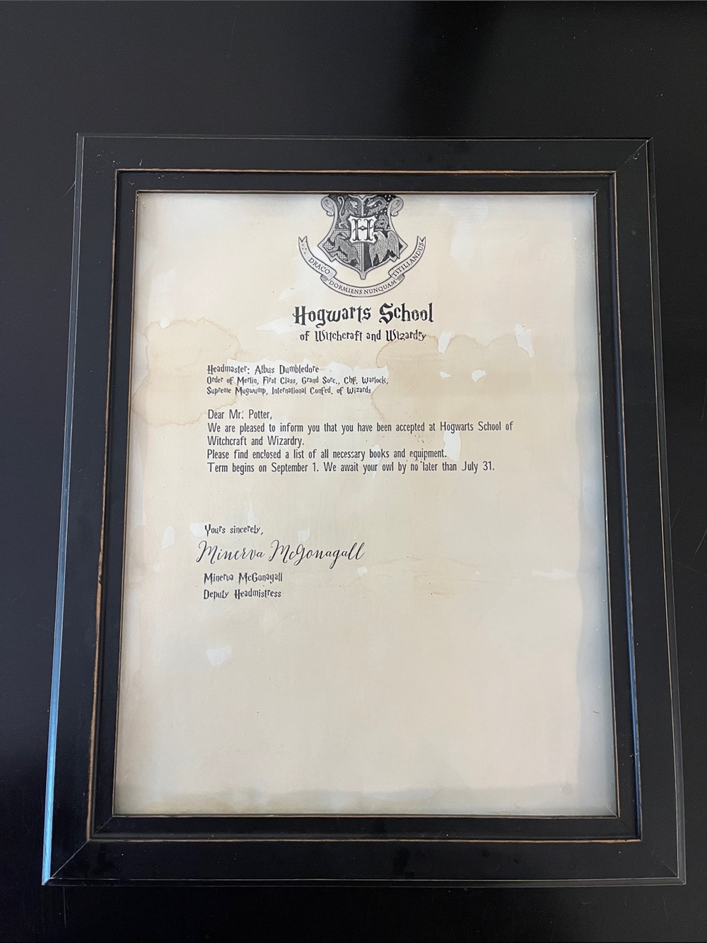 Framed Hogwarts acceptance letter Harry Potter